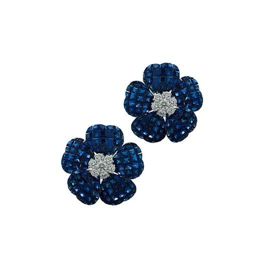 Post-1980s 18KT White Gold Blue Sapphire & Diamond Flower Earrings front view