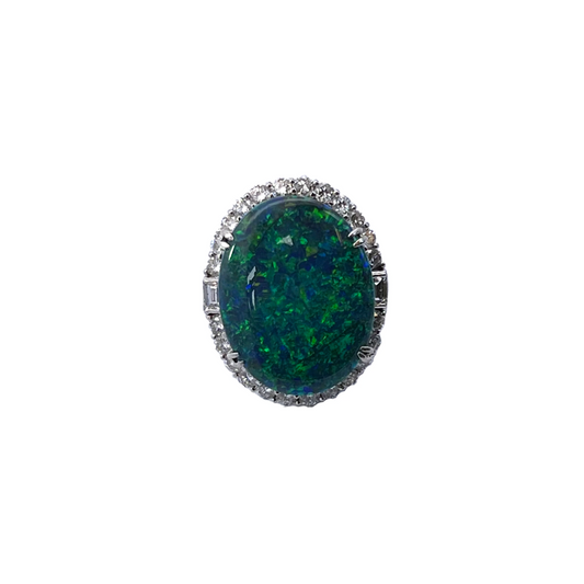 Post-1980s Platinum Black Opal & Diamond Ring front view