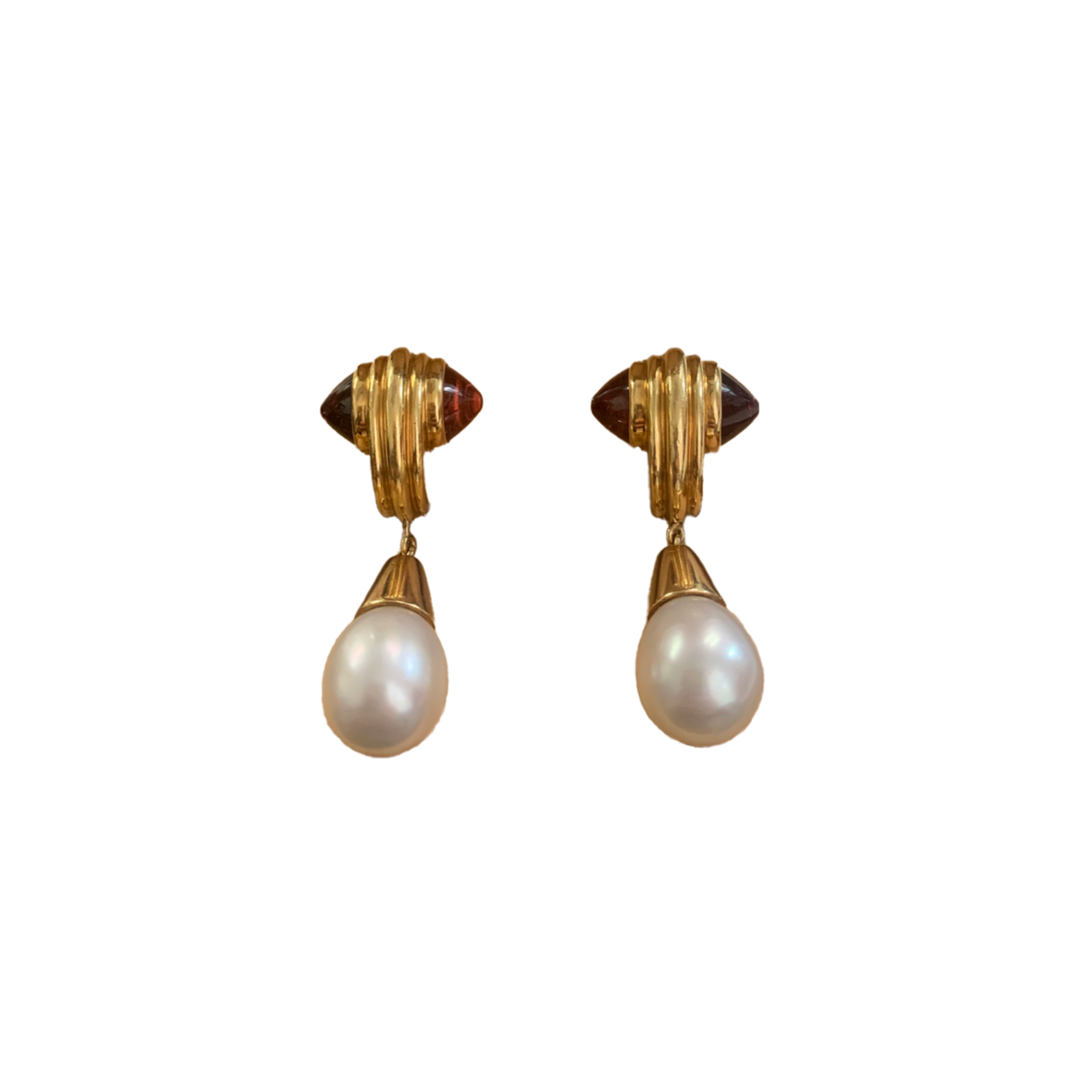 Bulgari 1980s 18KT Yellow Gold Pink Tourmaline & Cultured South Sea Pearl Earrings front