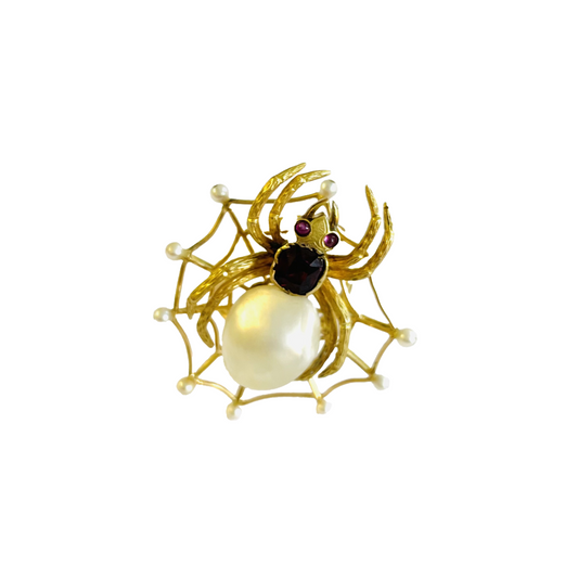 Post-1980s 18KT Yellow Gold Natural Pearl & Garnet Spider Ring front view