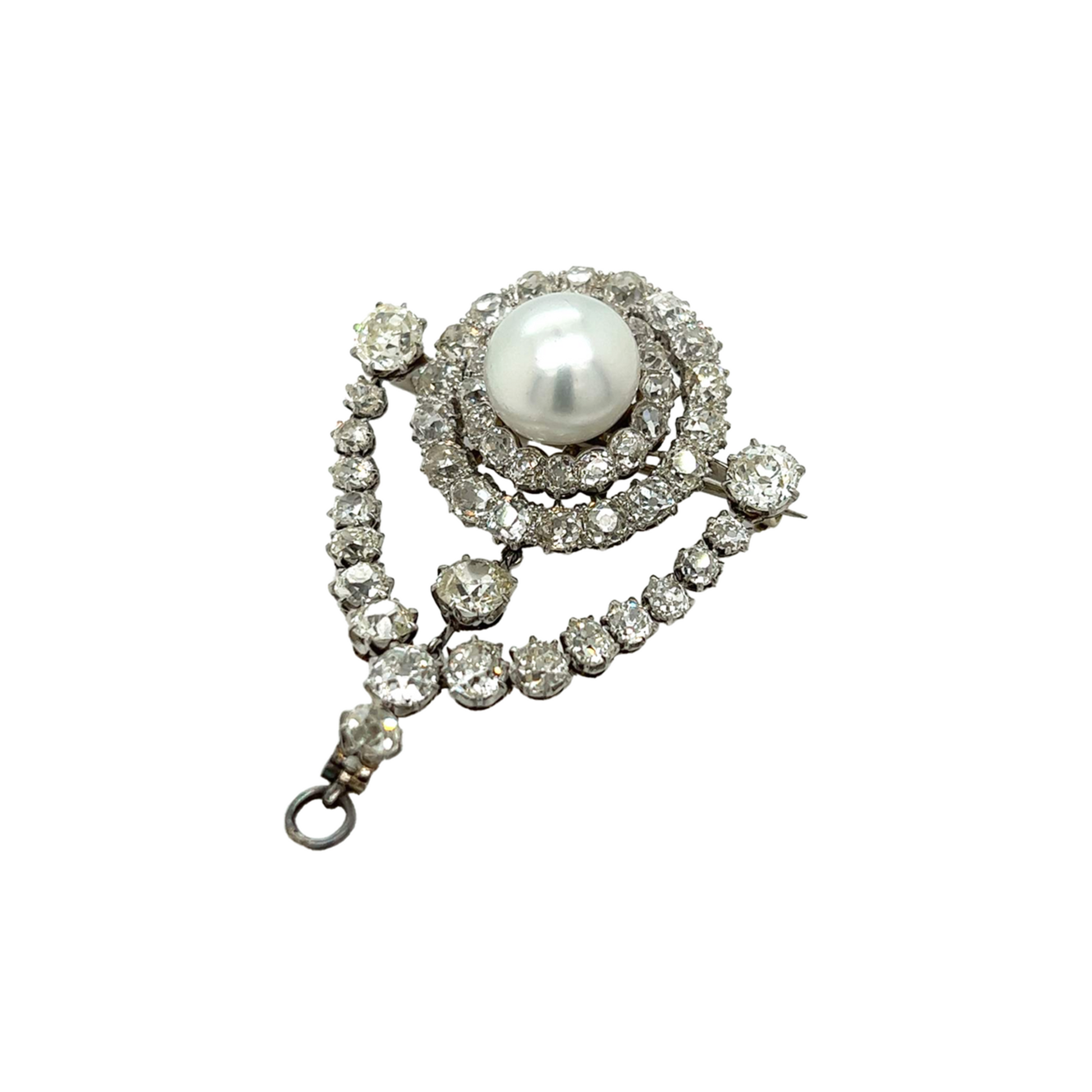 Belle Epoque Platinum Diamond & South Sea Pearl Brooch/Pendant front 