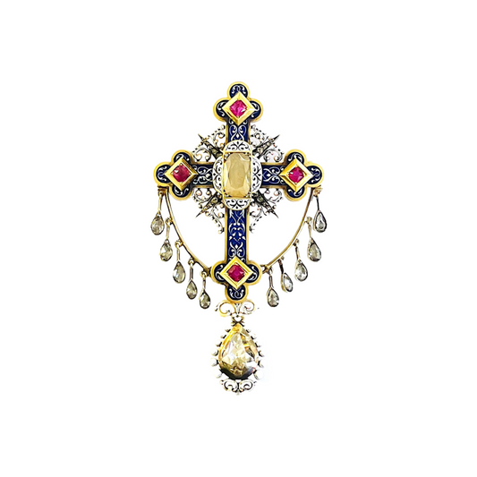 French Victorian 18KT Yellow Gold Diamond, Enamel & Ruby Cross Pendant Brooch front