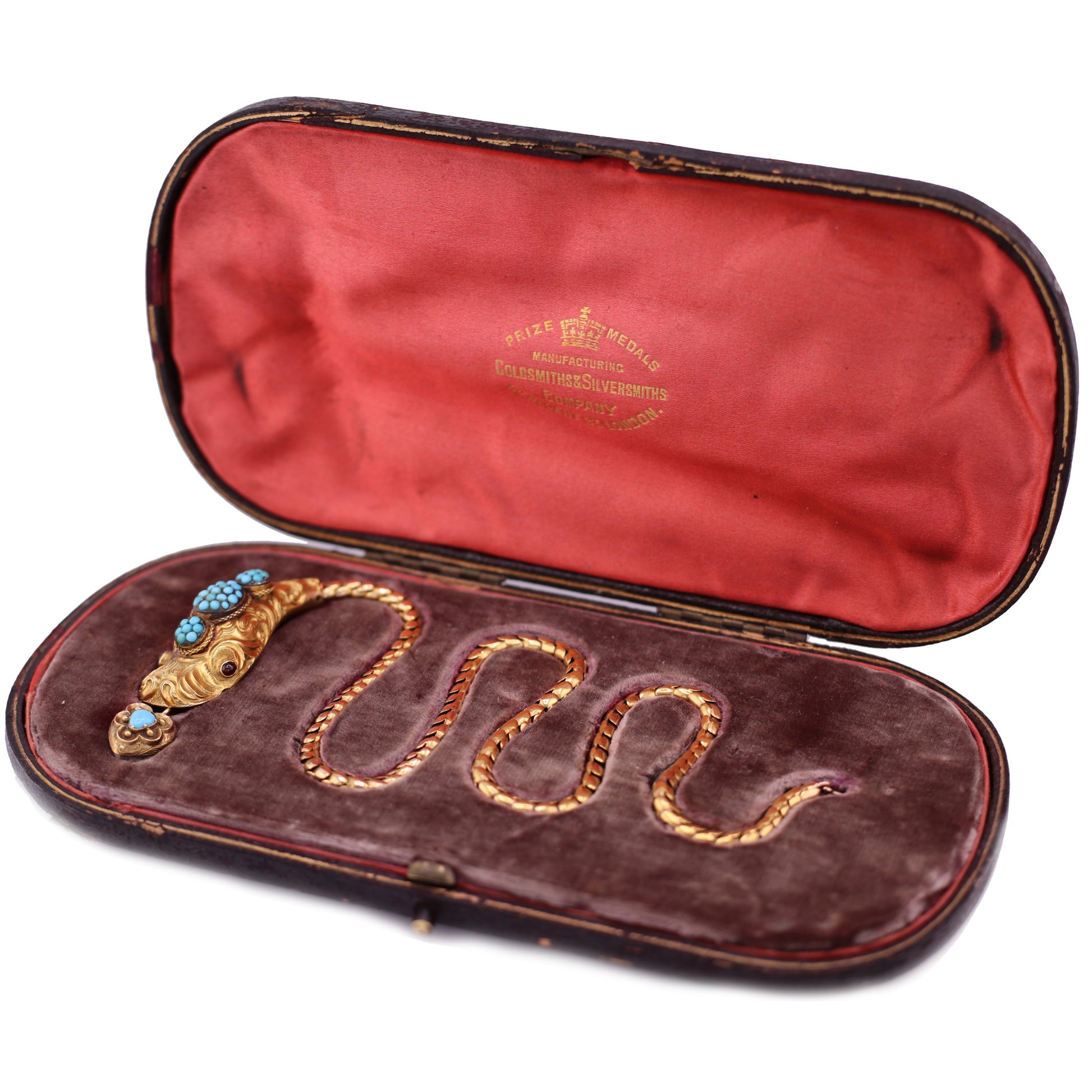 Victorian 18KT Yellow Gold Garnet & Turquoise Snake Necklace in original box