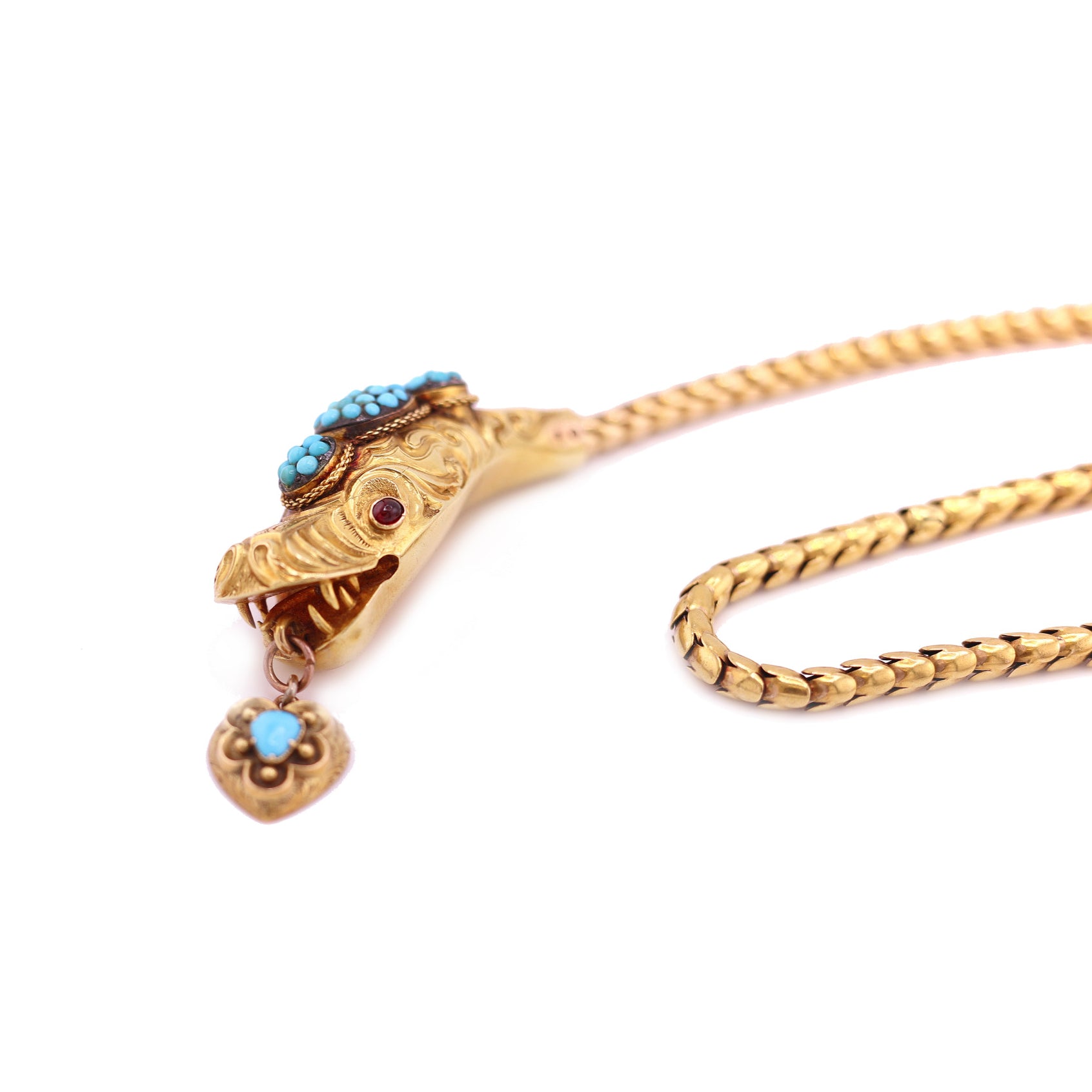 Victorian 18KT Yellow Gold Garnet & Turquoise Snake Necklace close up