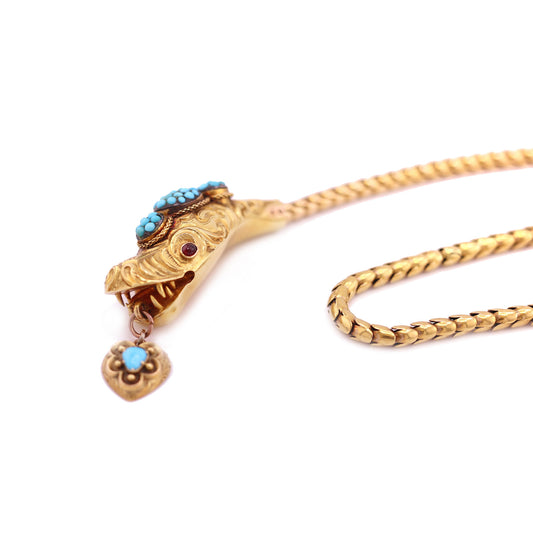 Victorian 18KT Yellow Gold Garnet & Turquoise Snake Necklace close up