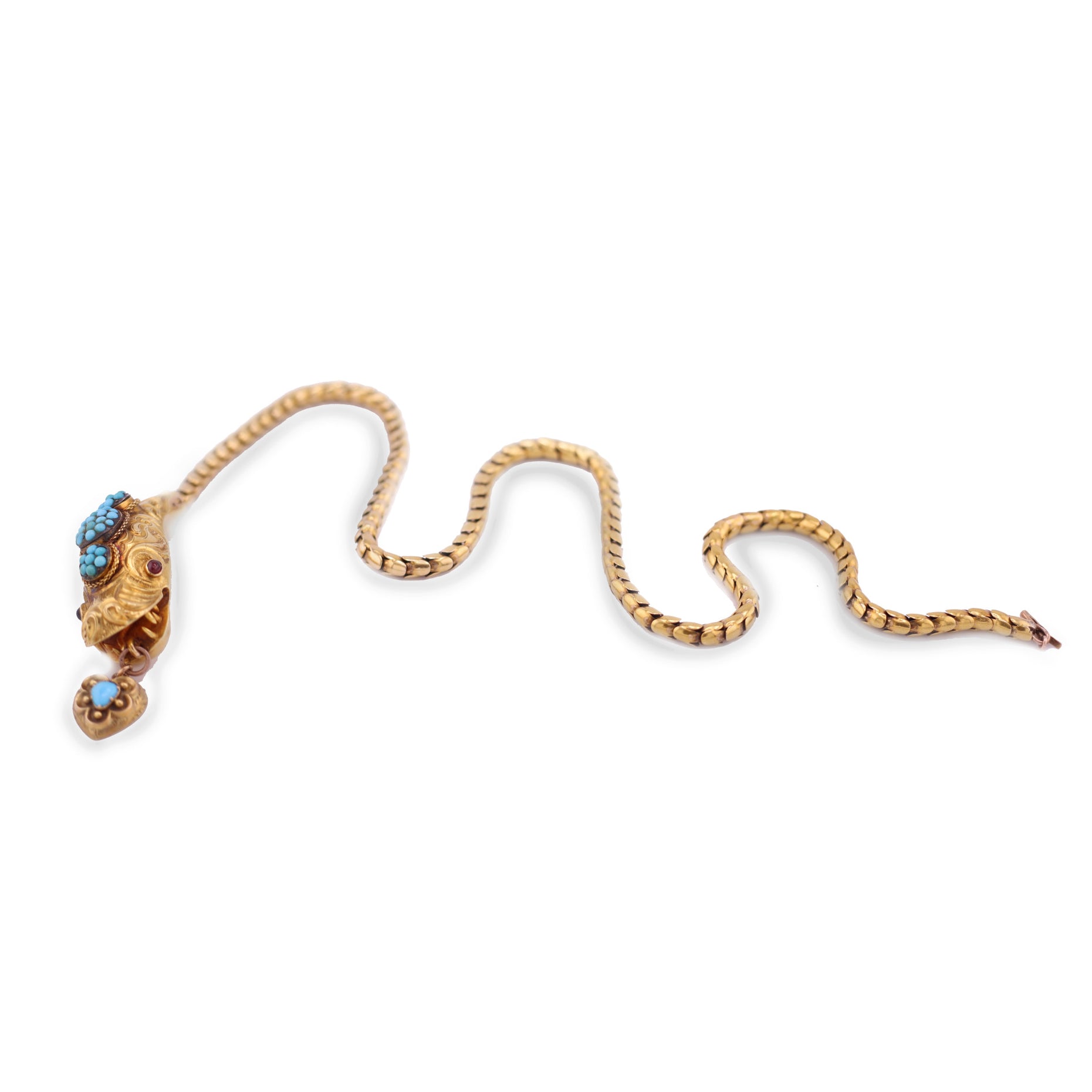 Victorian 18KT Yellow Gold Garnet & Turquoise Snake Necklace front