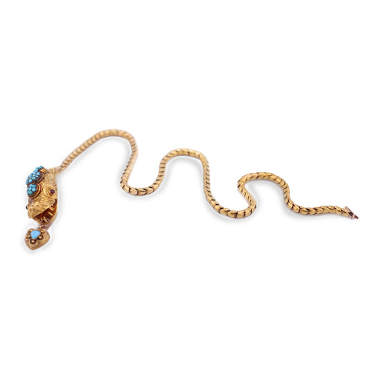 Victorian 18KT Yellow Gold Garnet & Turquoise Snake Necklace front