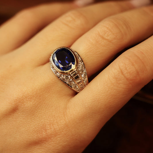 1970s 18KT Yellow & White Gold Sapphire Diamond Ring on finger