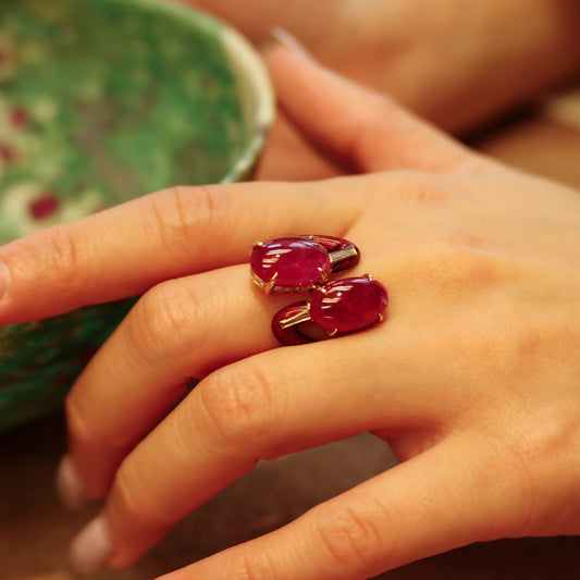 18KT Yellow Gold Ruby, Diamond & Enamel Ring on finger