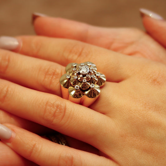 French 1940s 18KT Yellow Gold Diamond Ring on finger on finger
