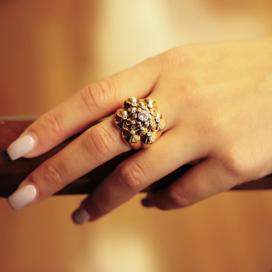 French 1940s 18KT Yellow Gold Diamond Ring on finger on finger