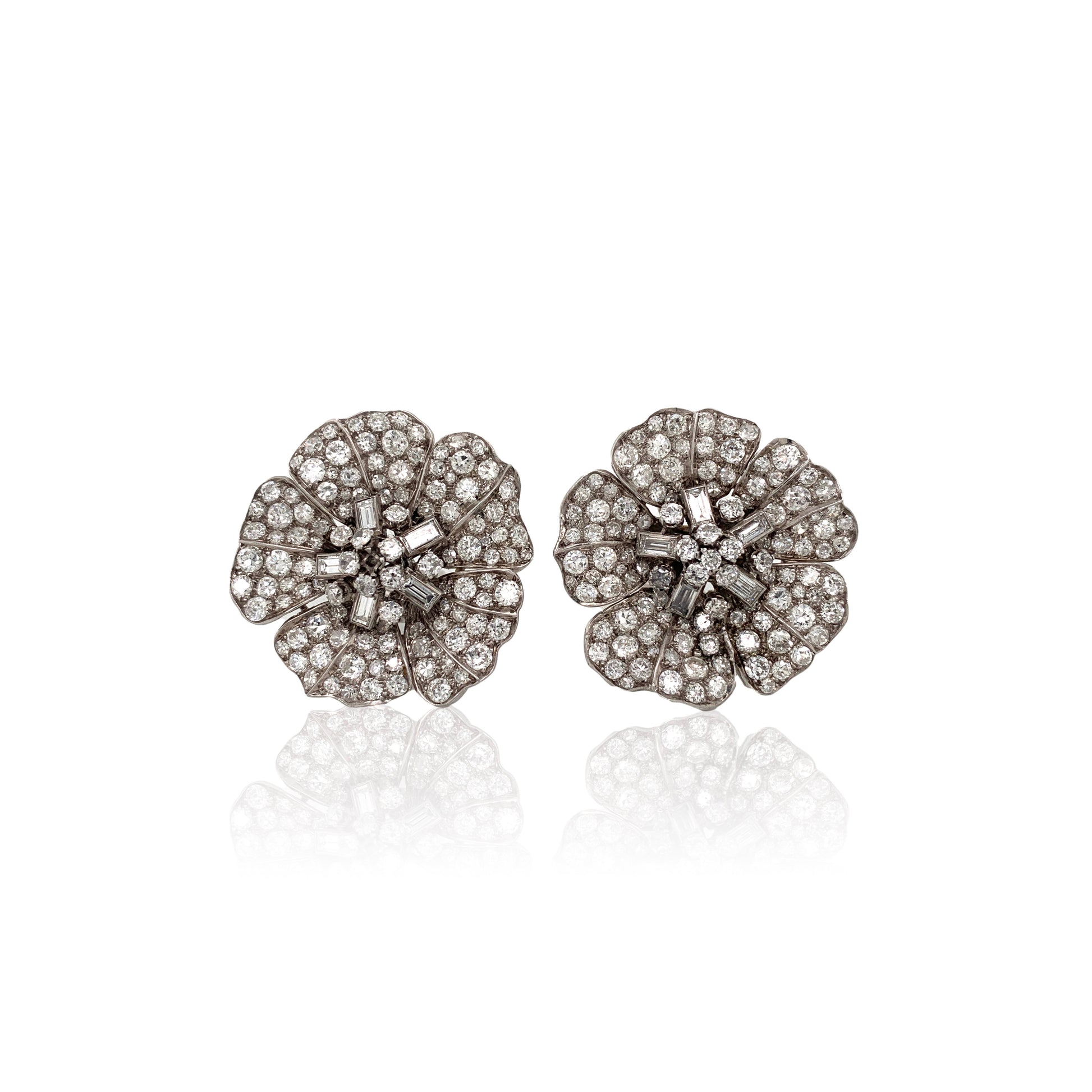 Art Deco Platinum Diamond Flower Earrings front