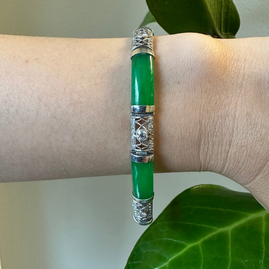 Edwardian Platinum Jade & Diamond Bracelet on wrist