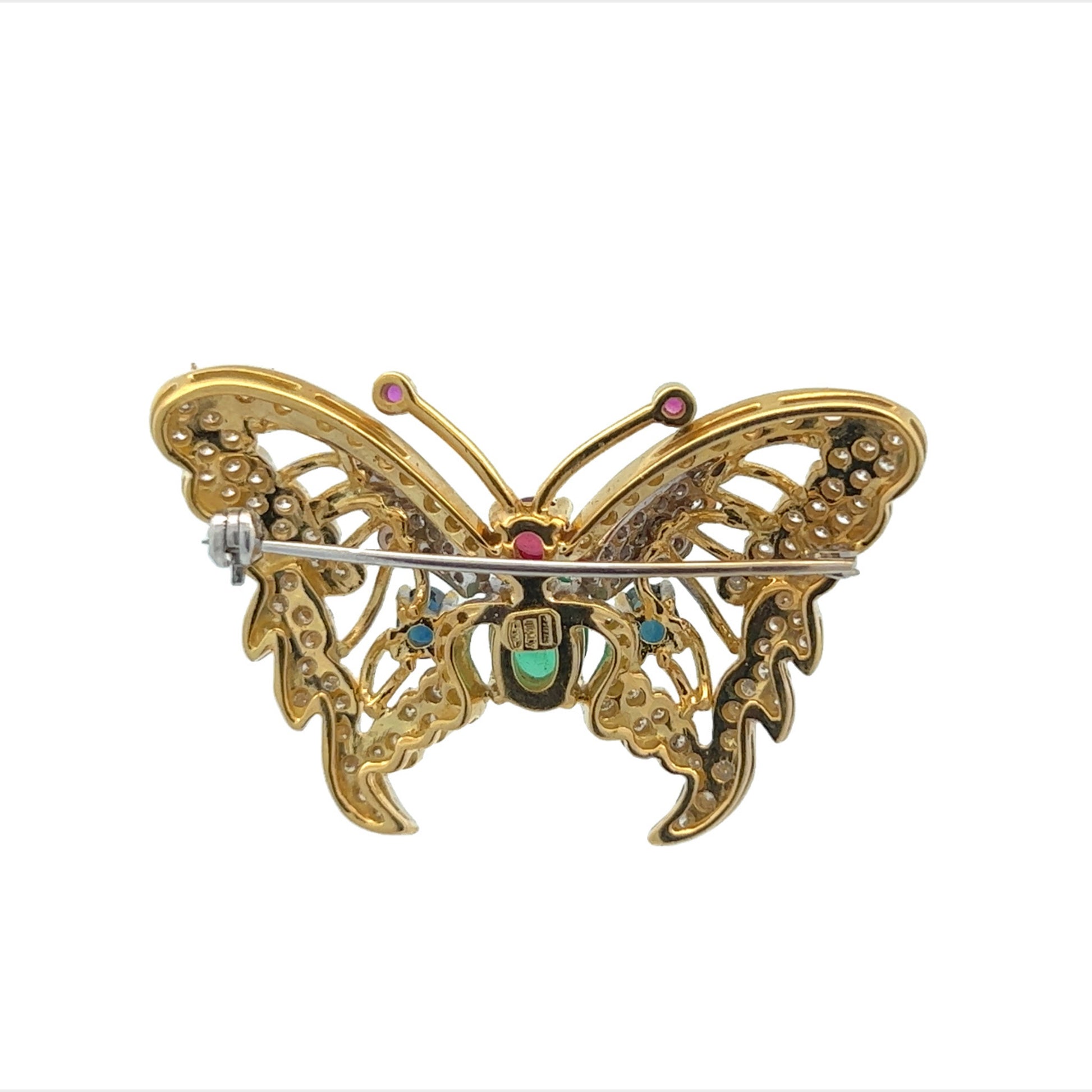 1970s 18KT Yellow Gold Diamond, Emerald, Ruby & Sapphire Butterfly Brooch back