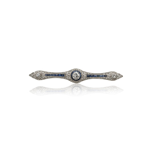 Edwardian Platinum on Gold Sapphire & Diamond Bar Brooch front view