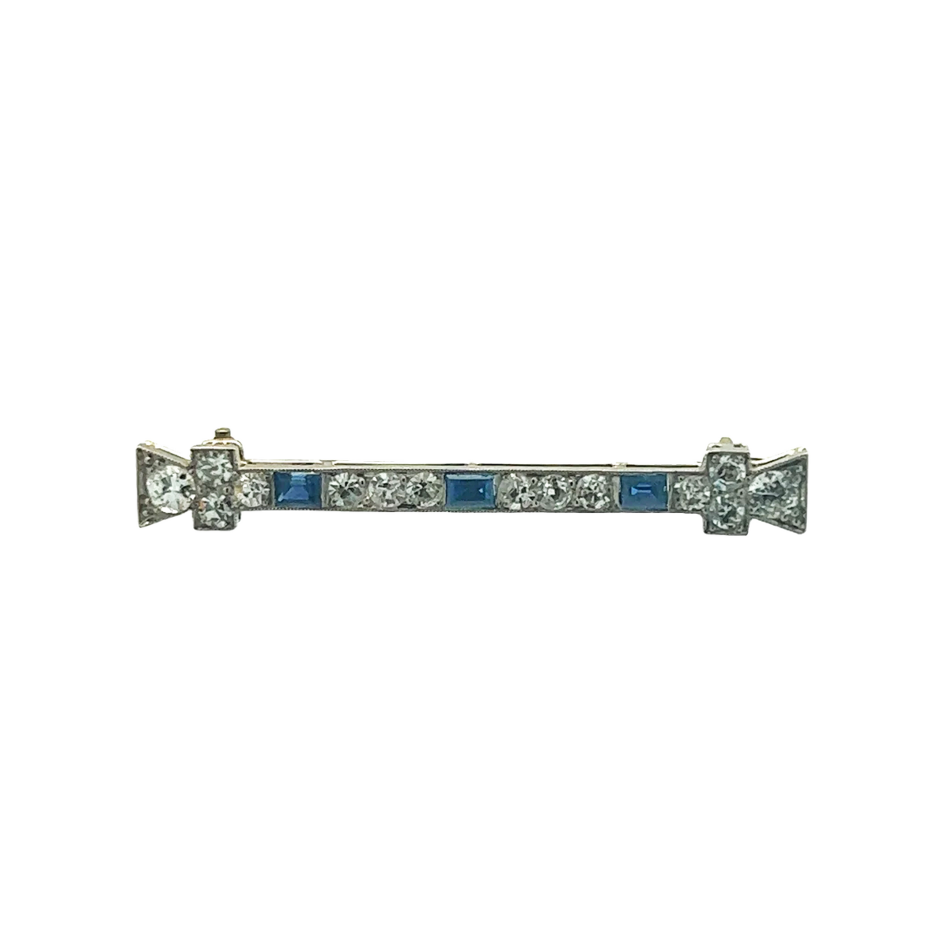 Art Deco Platinum Diamond & Sapphire Bar Brooch front