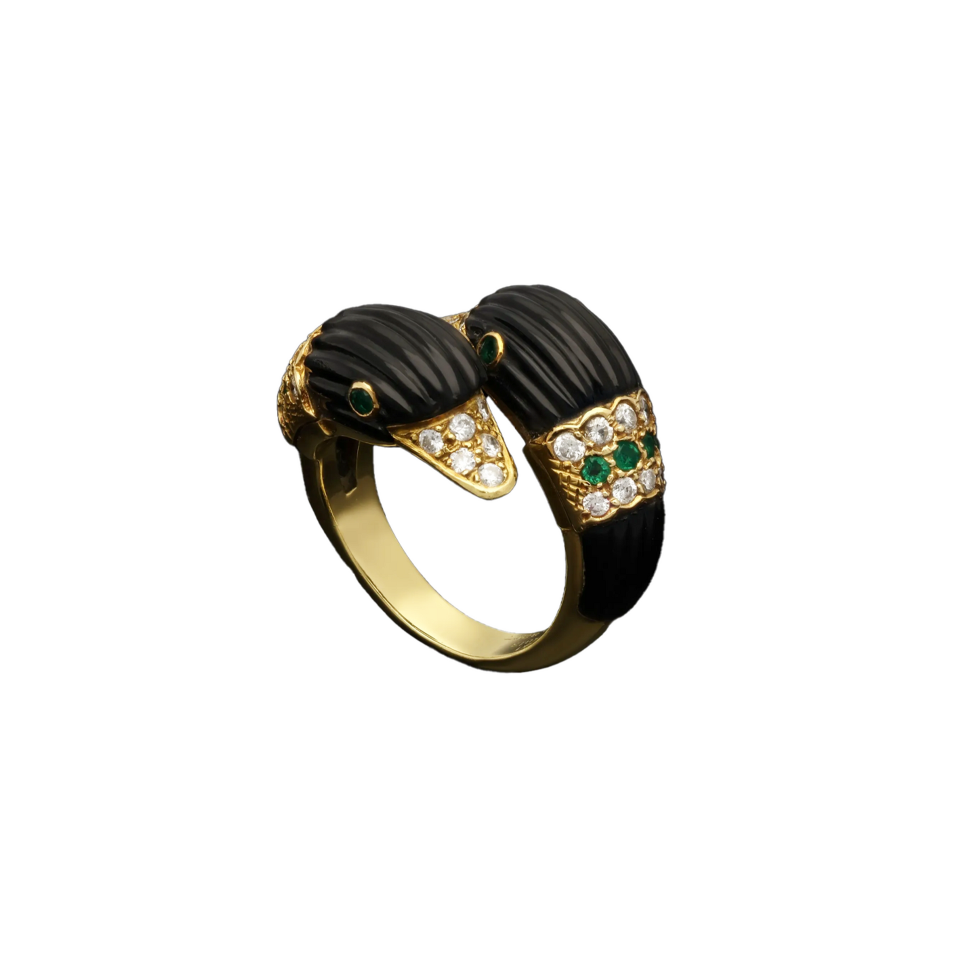 Van Cleef & Arpels 1970s 18KT Yellow Gold Diamond, Emerald & Onyx Swan Ring front