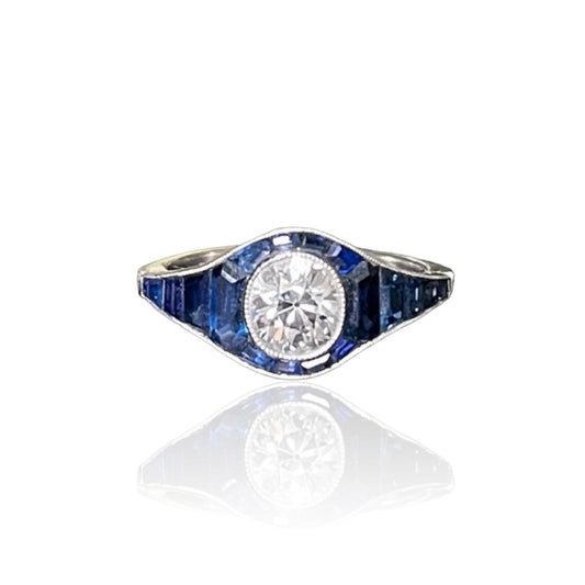 Post-1980s Platinum Diamond & Sapphire Ring front view