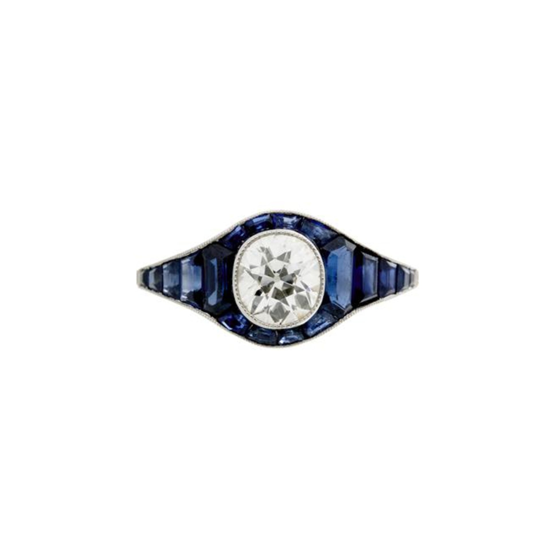 Post-1980s Platinum Diamond & Sapphire Ring front view