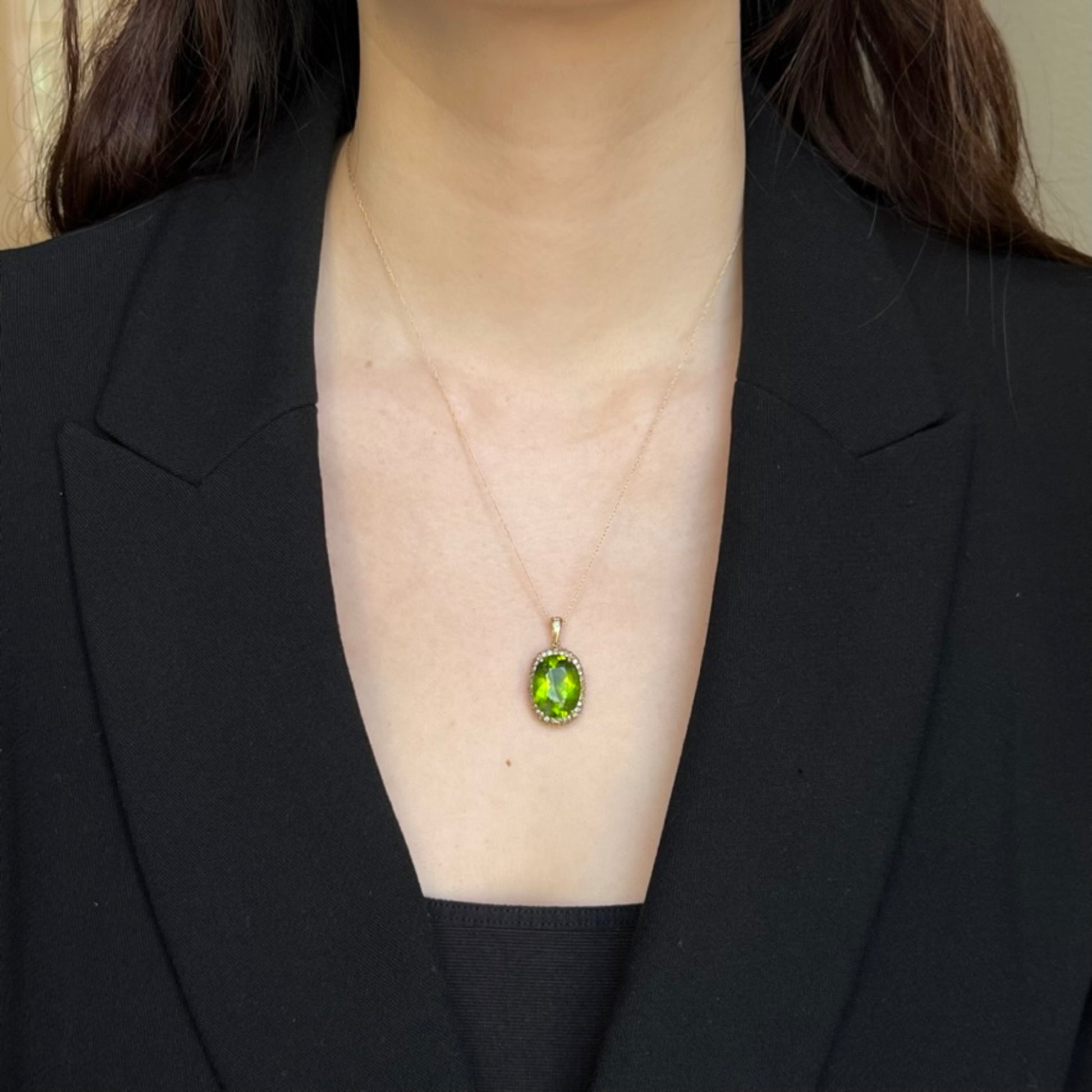 1960s 18KT Yellow Gold Peridot & Diamond Necklace worn on neck