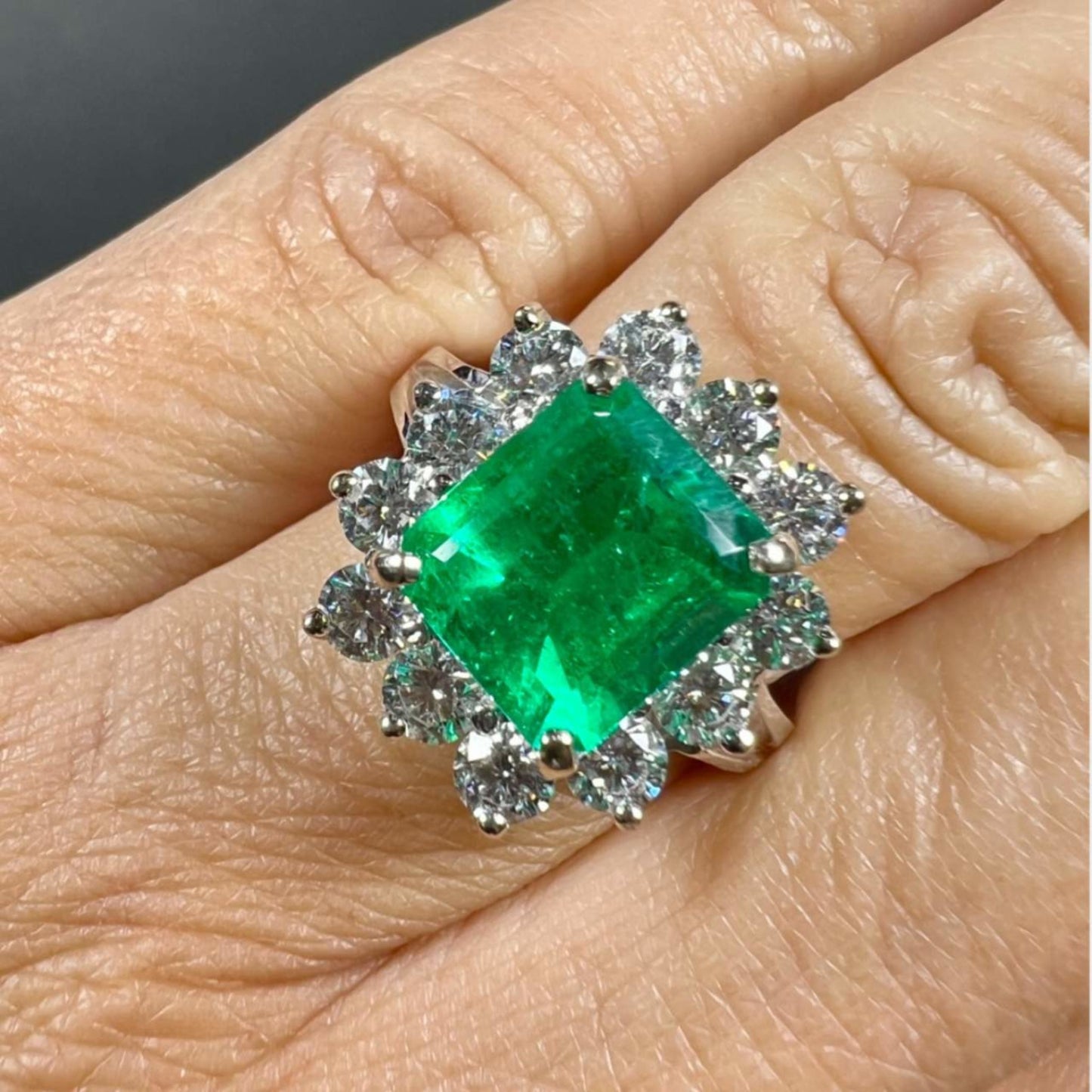 Post-1980s 14KT White Gold Emerald & Diamond Ring on finger