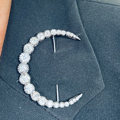Post-1980s Platinum Diamond Crescent Brooch worn on lapel