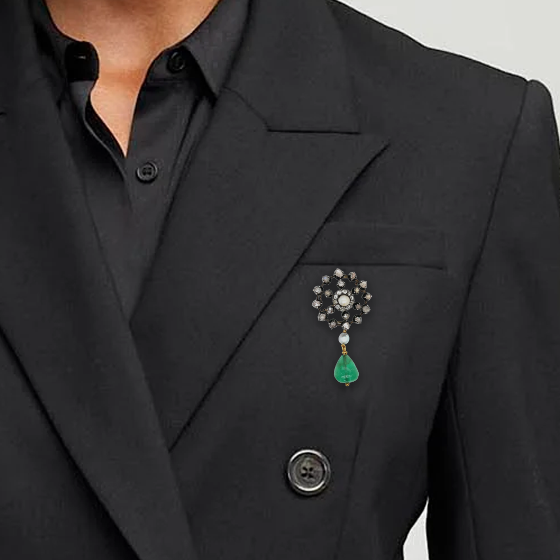 Victorian Silver & 18KT Yellow Gold Diamond & Emerald Brooch on blazer