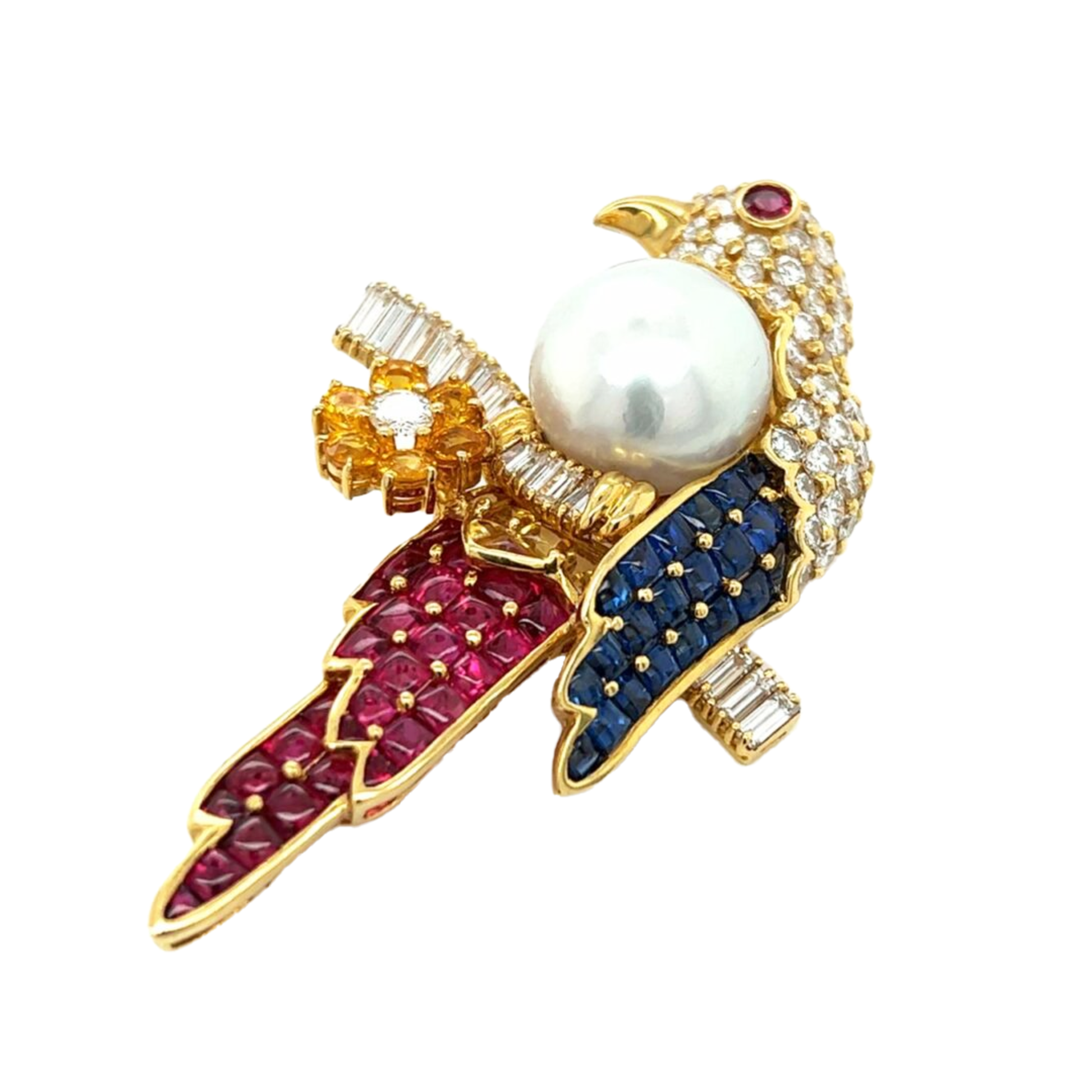 Post-1980s 18KT Yellow Gold Diamond, Cultured Pearl, Ruby & Sapphire Bird Brooch front side