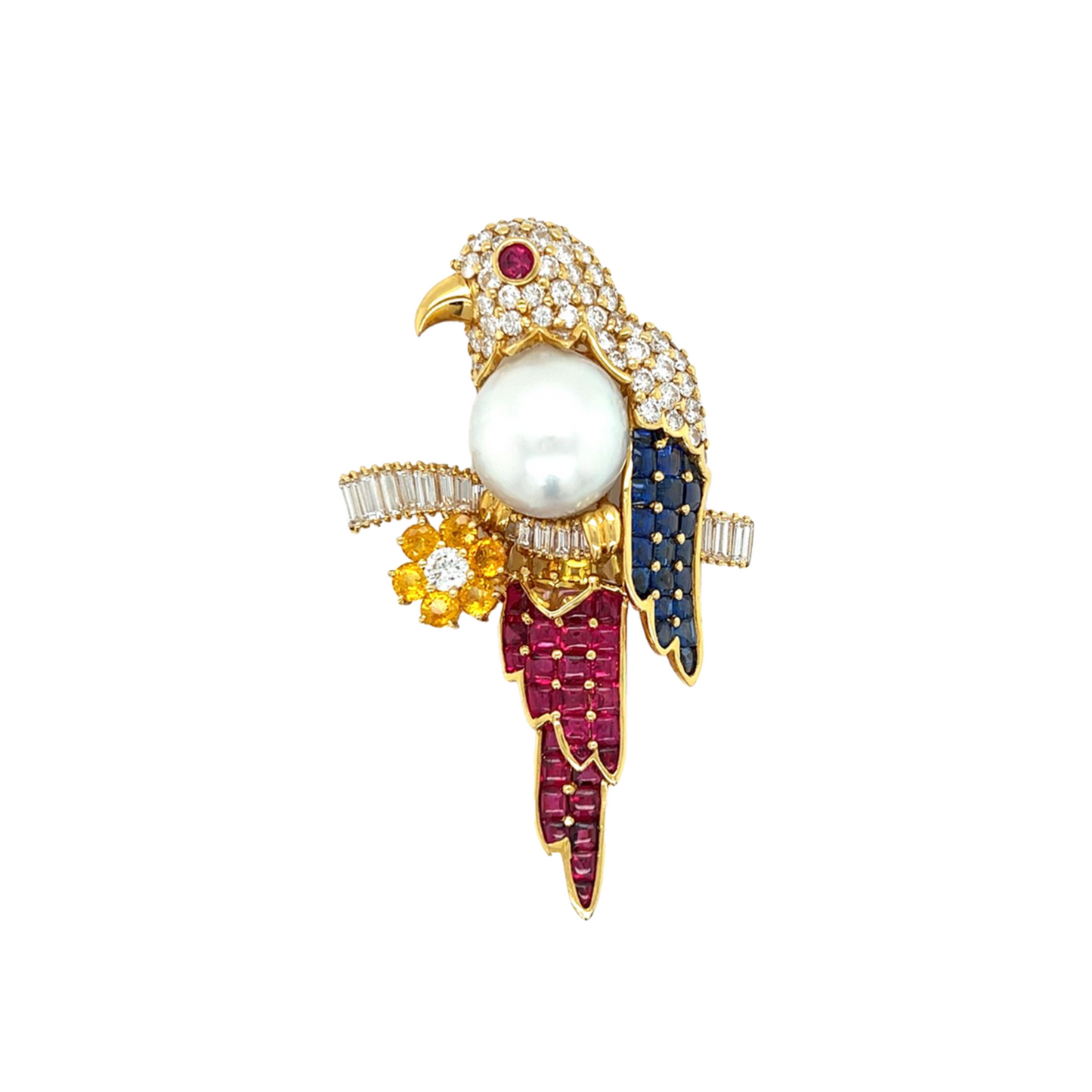 Post-1980s 18KT Yellow Gold Diamond, Cultured Pearl, Ruby & Sapphire Bird Brooch front