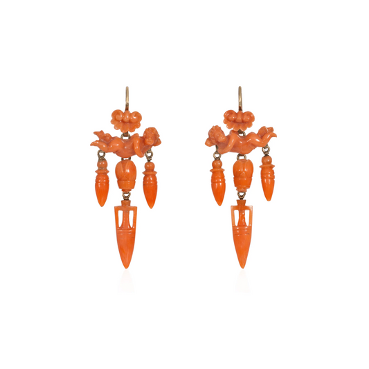 Victorian 15KT Yellow Gold Coral Angel Earrings front