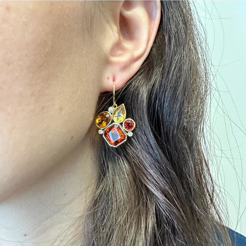 Julius Cohen 1980s 18KT Yellow Gold Citrine, Diamond & Garnet Earrings on ear