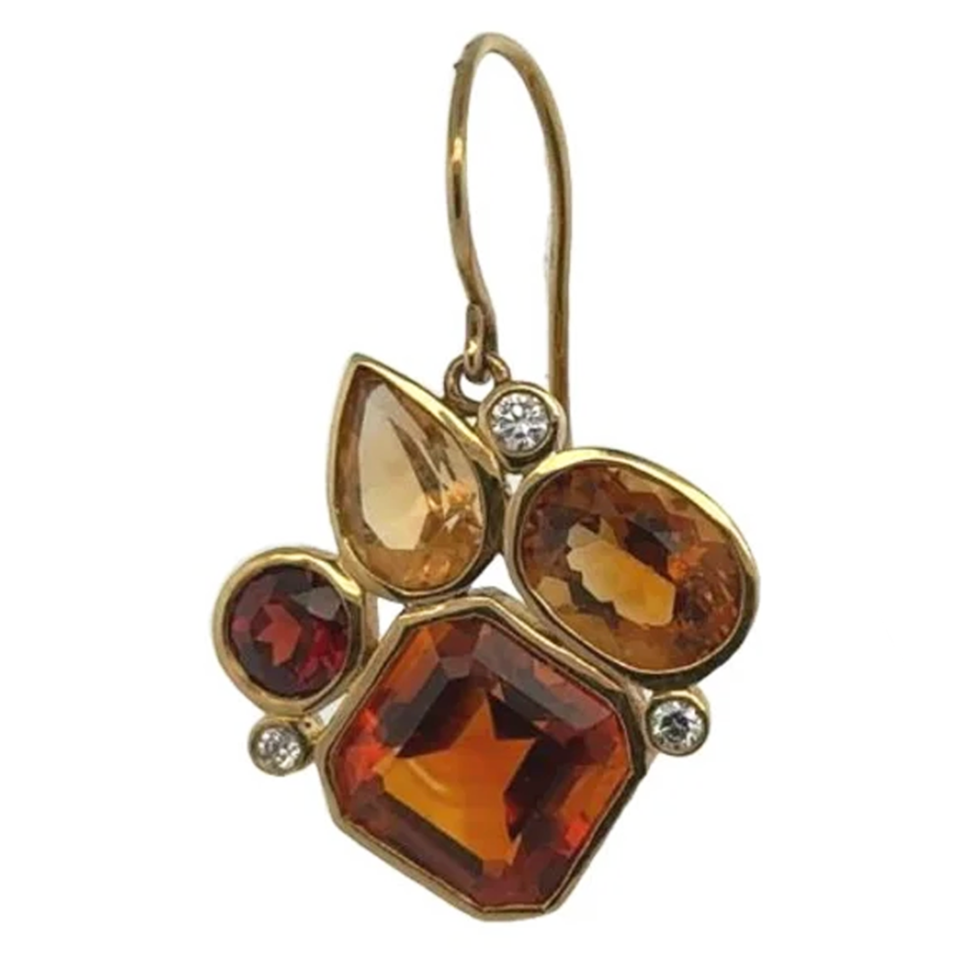 Julius Cohen 1980s 18KT Yellow Gold Citrine, Diamond & Garnet Earrings close up