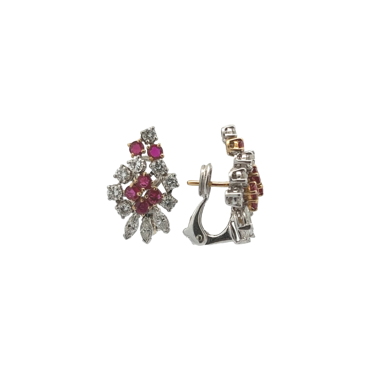 French 1970s Platinum Diamond & Ruby Earrings front and side