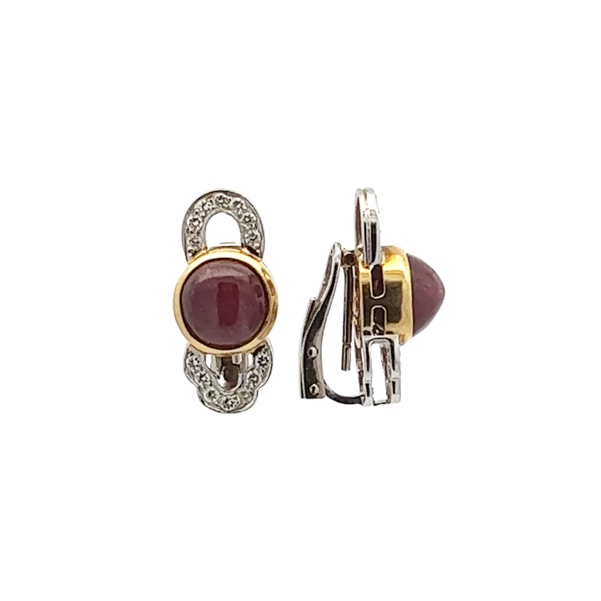 1980s 14KT Yellow & White Gold Ruby & Diamond Earrings front and side