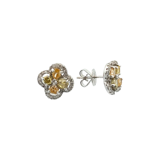 Post-1980s 18KT White Gold Yellow & White Diamond Earrings front and side