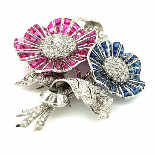Art Deco Platinum Diamond, Ruby & Sapphire Flower Brooch front