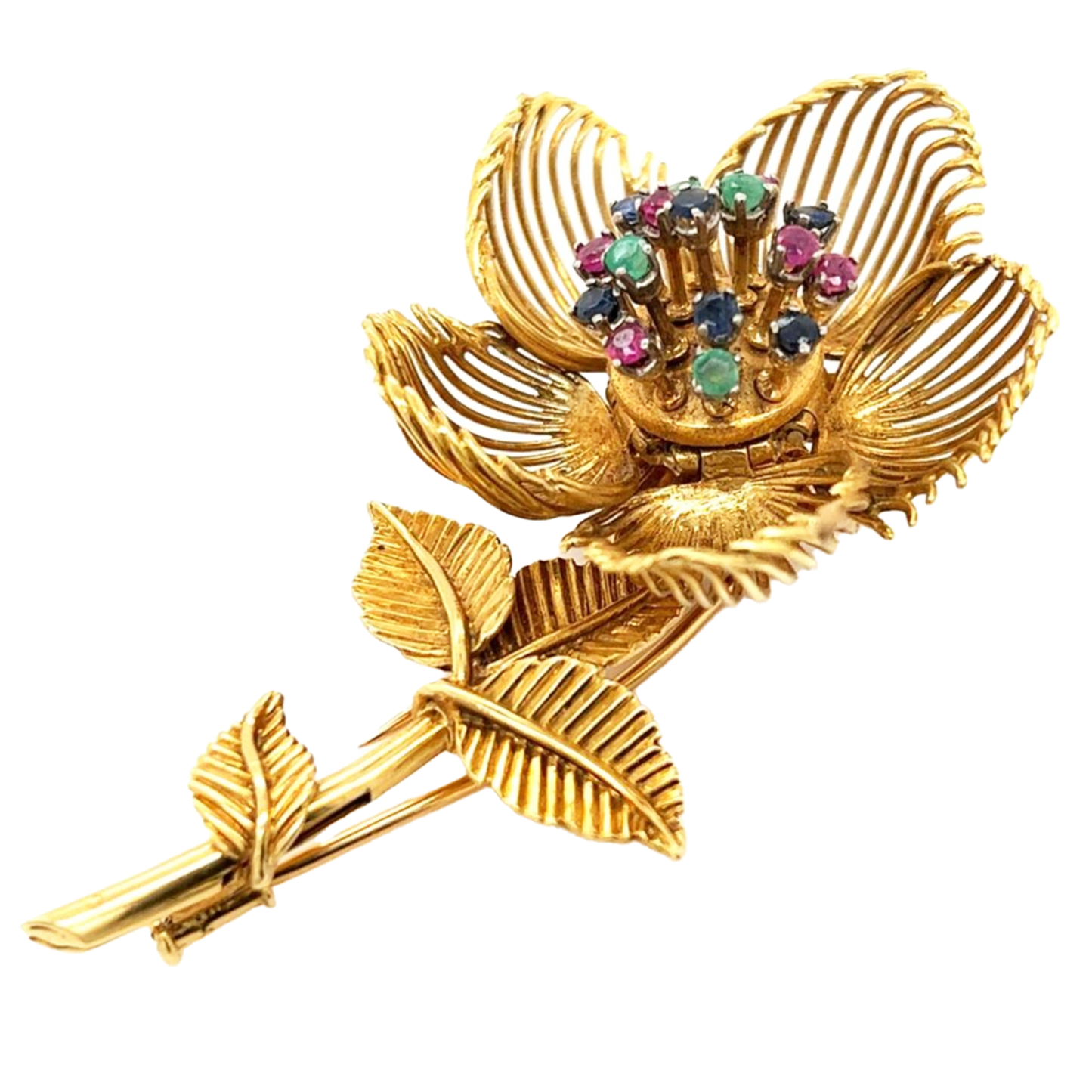 French 1950s 18KT Yellow Gold Emerald, Ruby & Sapphire Flower Brooch front side