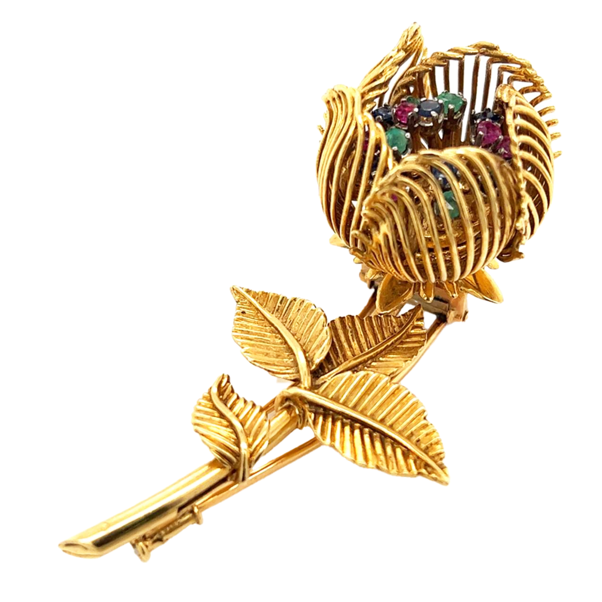 French 1950s 18KT Yellow Gold Emerald, Ruby & Sapphire Flower Brooch front side