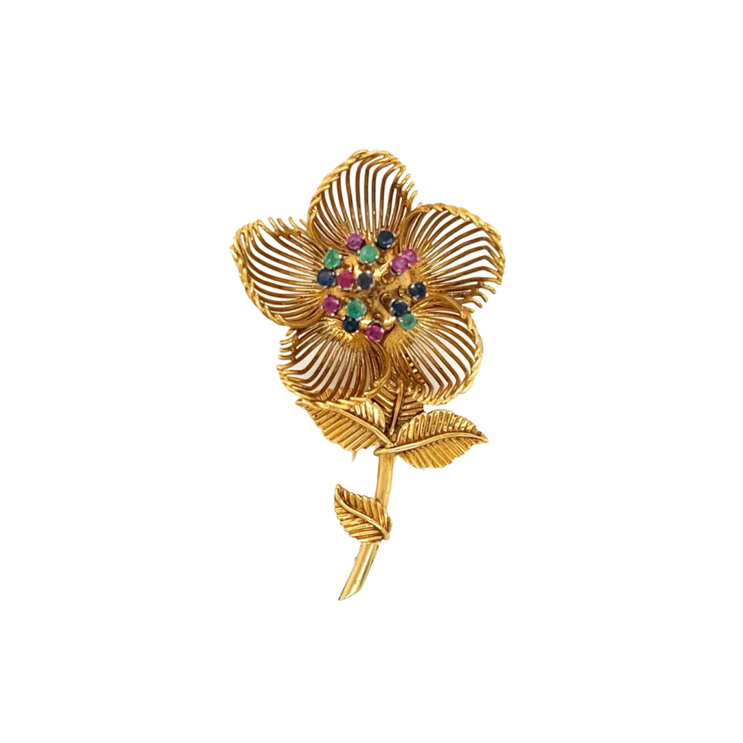 French 1950s 18KT Yellow Gold Emerald, Ruby & Sapphire Flower Brooch front