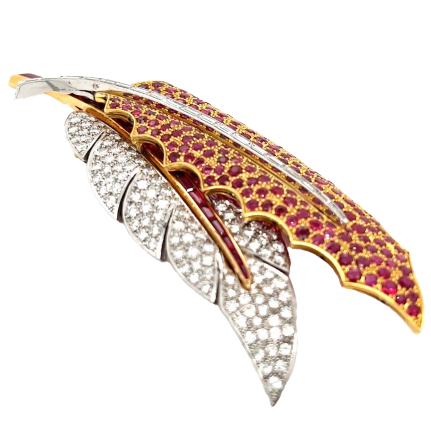 Post-1980s 18KT Yellow Gold Diamond & Ruby Brooch close-up