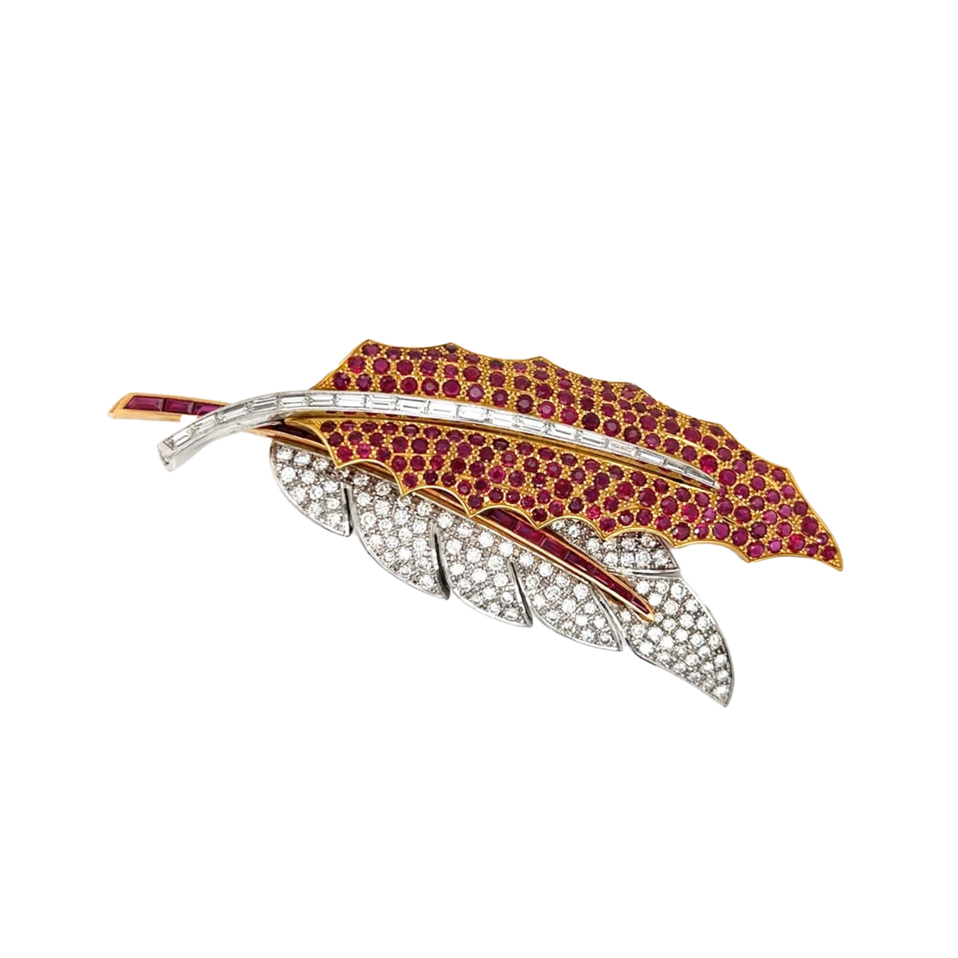 Post-1980s 18KT Yellow Gold Diamond & Ruby Brooch front