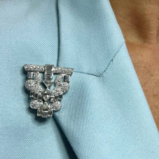 French Art Deco Platinum Diamond Brooch on blazer