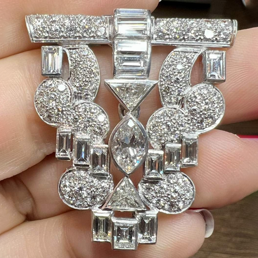 French Art Deco Platinum Diamond Brooch in hand