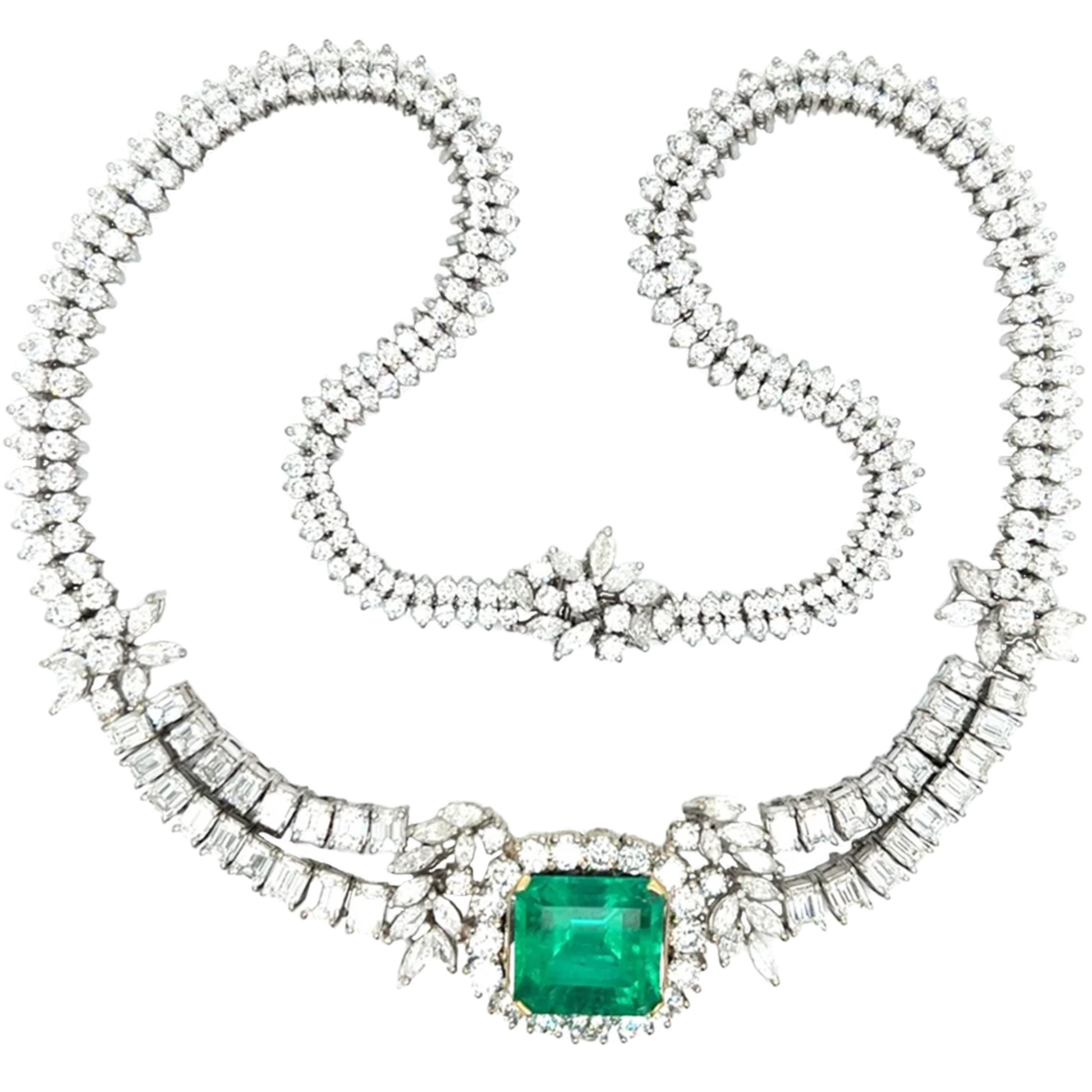 1950s 18KT White Gold Emerald & Diamond Necklace front