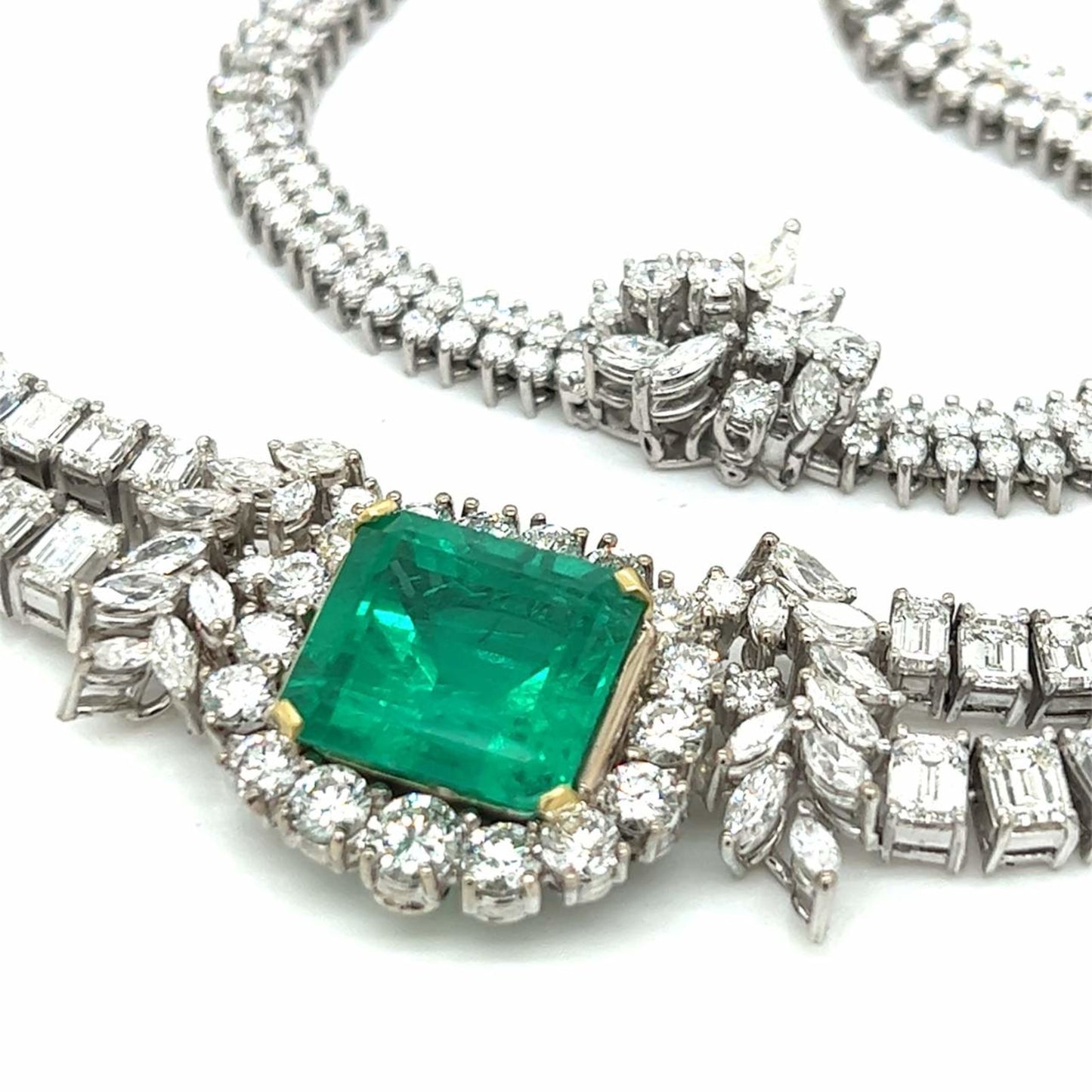 1950s 18KT White Gold Emerald & Diamond Necklace close-up