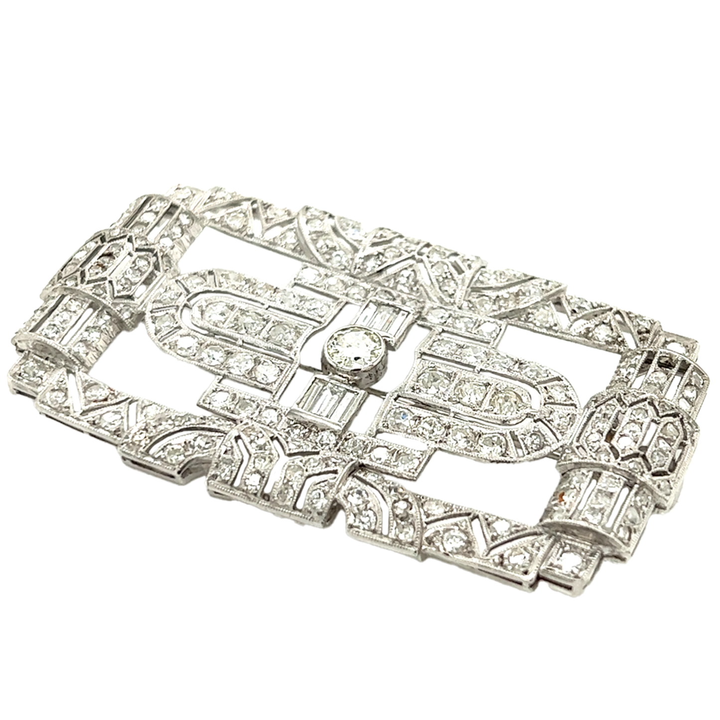 Art Deco Platinum Diamond Brooch front angle