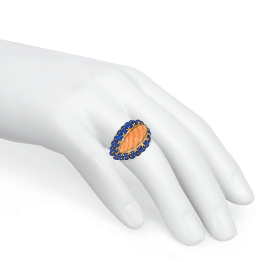 Boucheron French 1960s 18KT Yellow Gold Coral & Lapis Lazuli Ring on hand