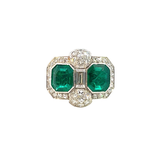 Art Deco Platinum Emerald & Diamond Ring front