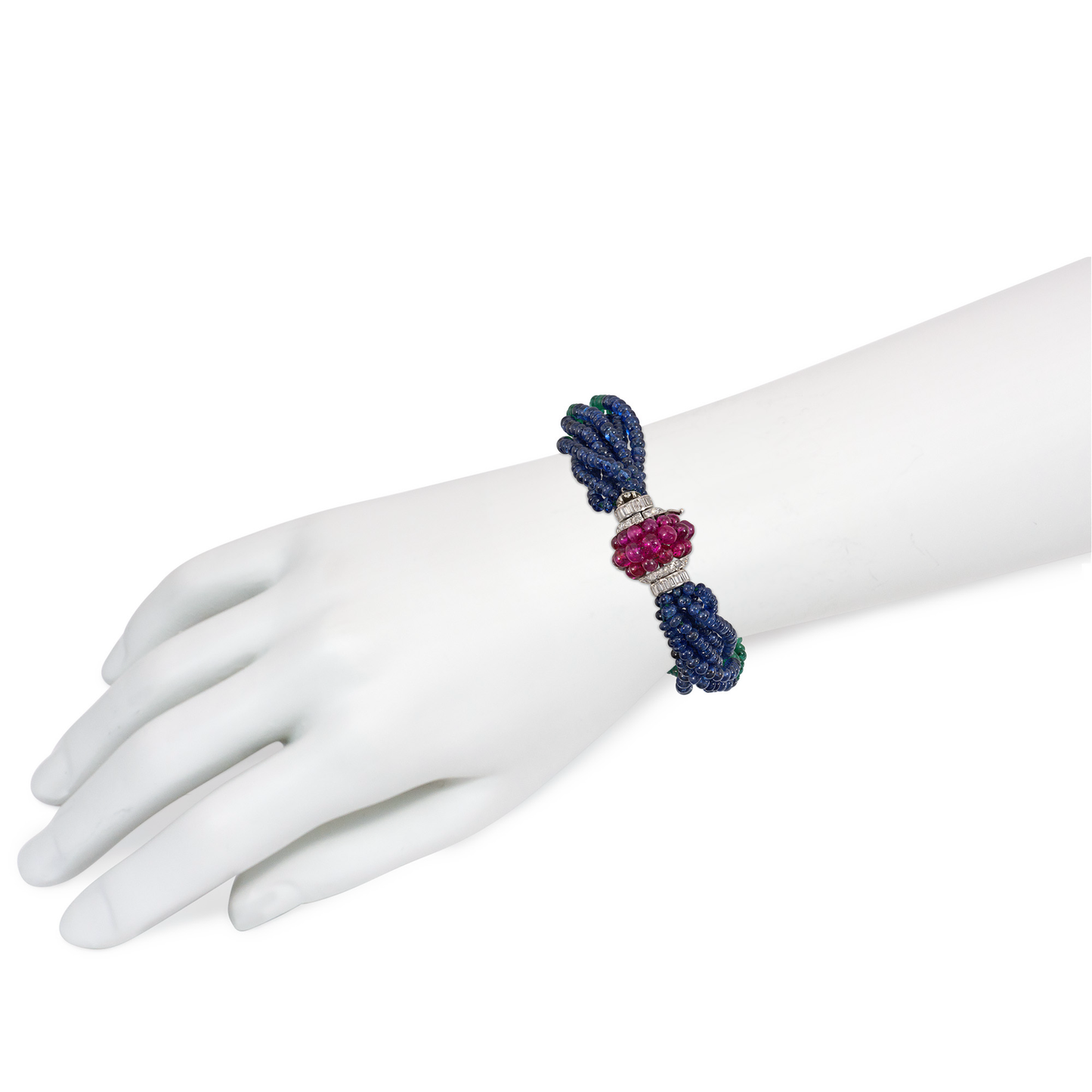 Art Deco Platinum Diamond, Emerald, Ruby & Sapphire Torsade Bracelet on wrist