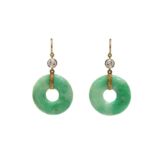 14KT Yellow Gold Jade & Diamond Earrings front view